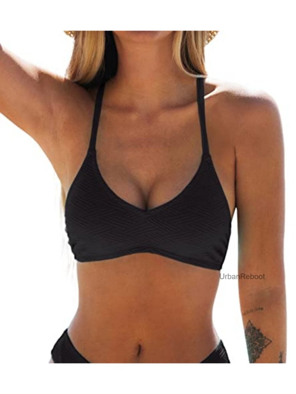 V Neck Textured Bikini Top Criss Cross Back Swimsuit